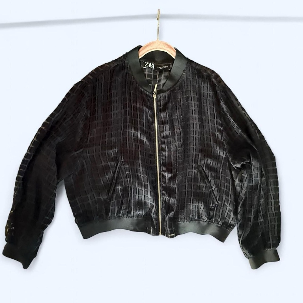 Zara Black Textured Velvet Bomber Jacket